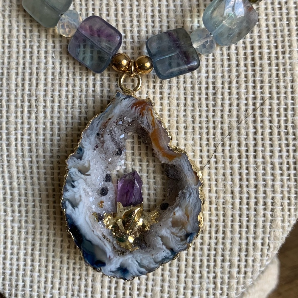 Handmade geode, amethyst, fluorite, & Swarovski crystal double strand necklace - Picture 4 of 8